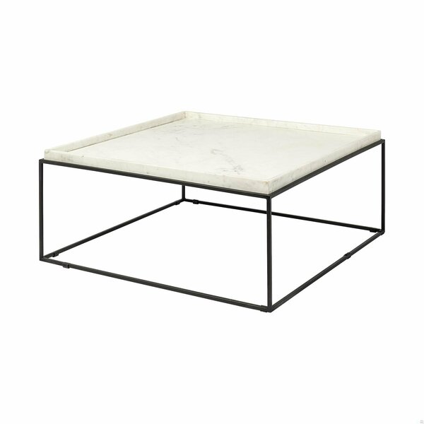 Homeroots Square Top & Black Metal Base Coffee Table, White Marble 376304